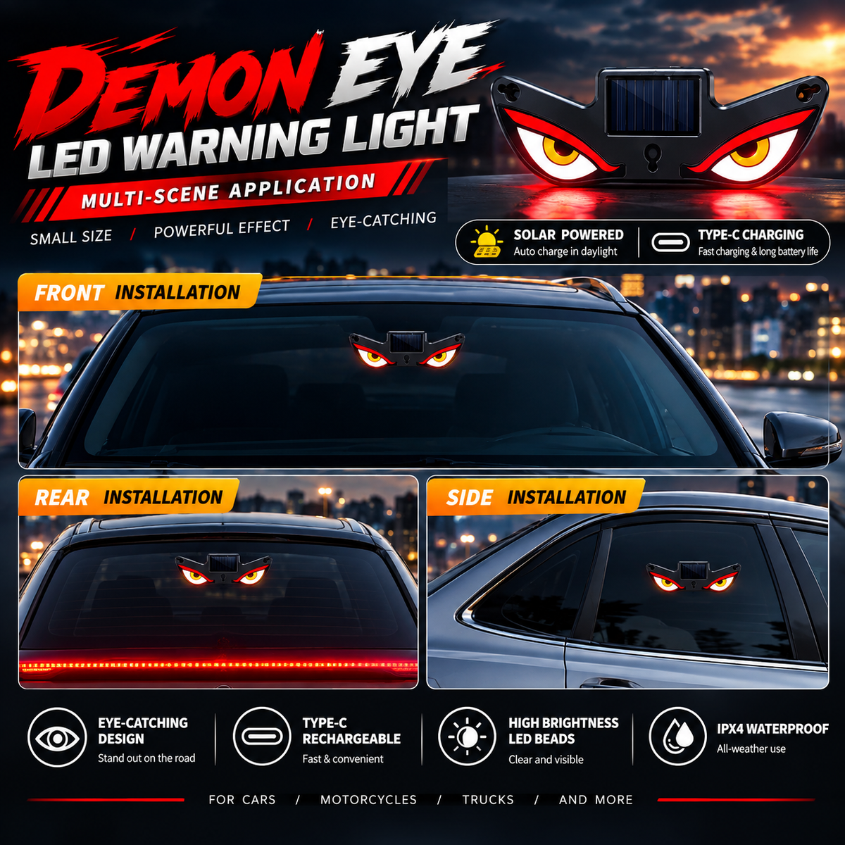 Demon Eye Solar & Type-C LED Warning Light — Wireless Suction Mount Anti-Collision Strobe for Cars & Motorcycles